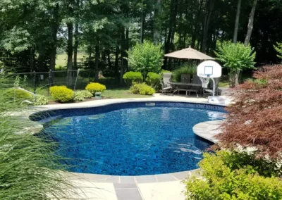 Full view of a butterfly effect pattern pool with steps and basketball goal