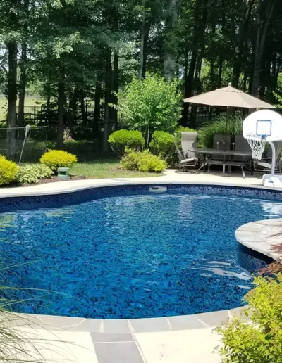 Full view of a butterfly effect pattern pool with steps and basketball goal