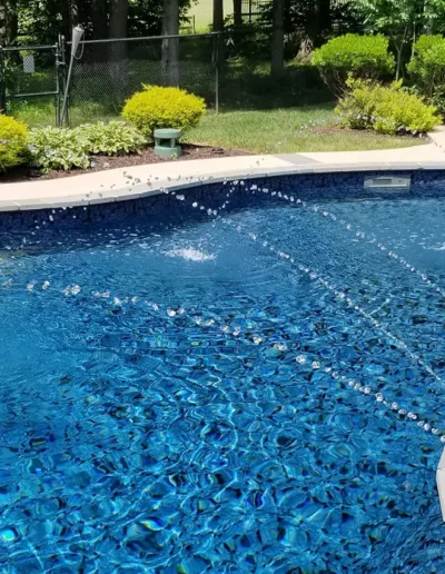 close view of a butterfly effect pattern pool with steps and basketball goal