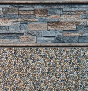 Pedra Fe is a stone inspired inground liner pattern with cut stone and pebbles that give the water a light teal blue color
