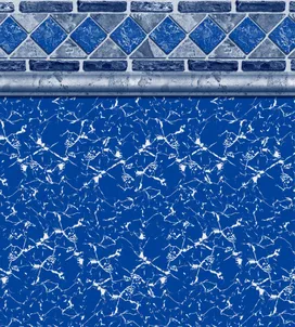 Dive into luxury with the Triton pool liner. This design features a dynamic, swirling blue marble pattern complemented by a crisp, geometric tile border in shades of blue and gray. The Triton liner creates a sophisticated and refreshing aquatic ambiance.